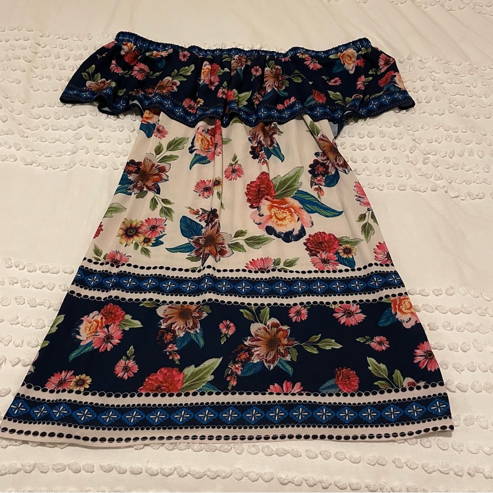 Blue Rain Floral Off-the-shoulder Dress